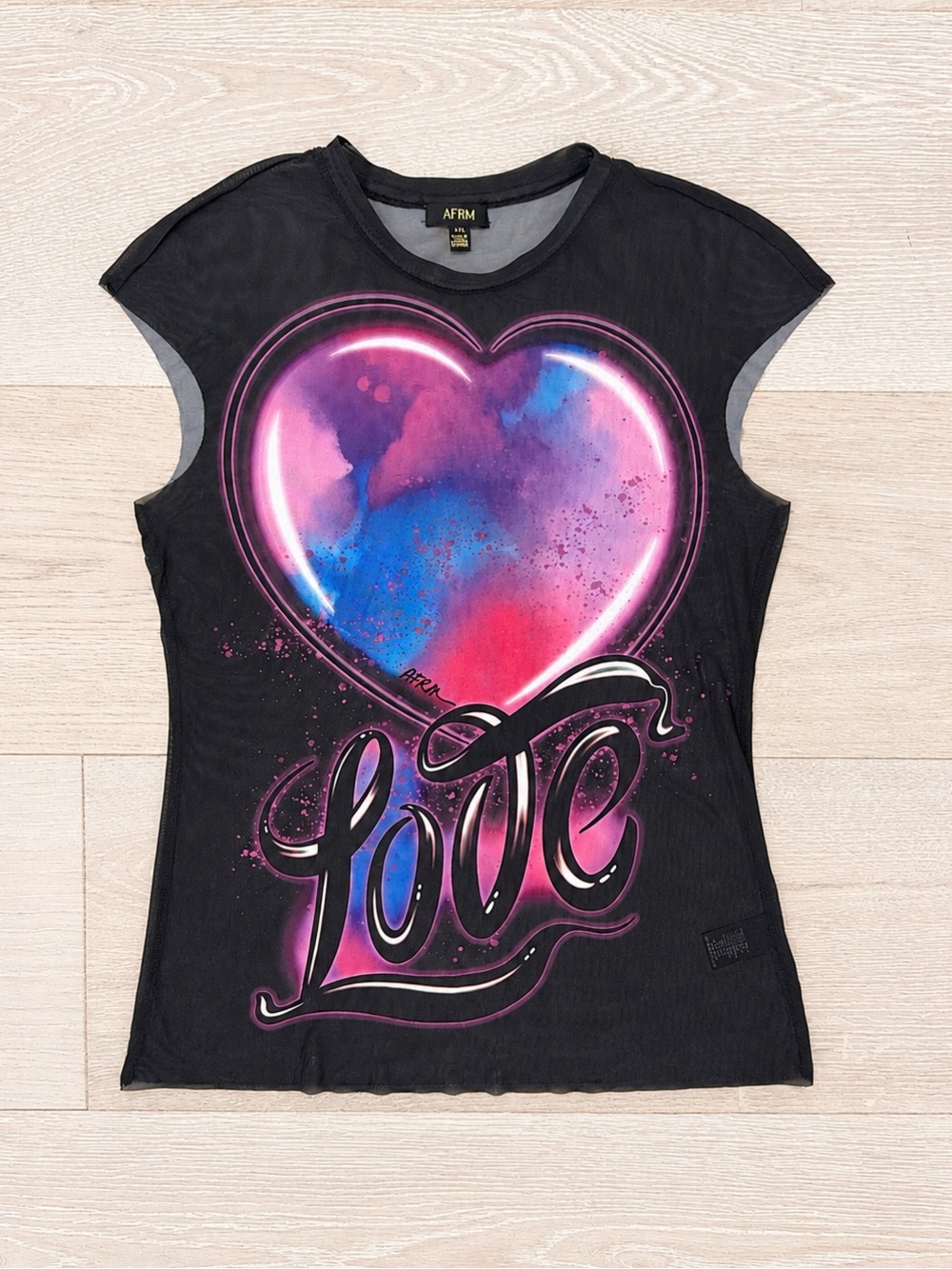 AFRM Black Tee with Pink-Purple-Blue Heart Graphic